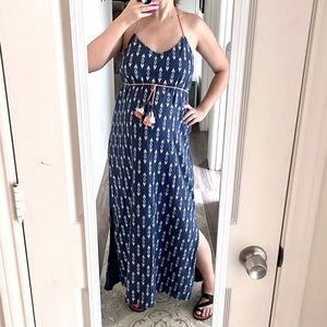 Peyton & Parker Blue Linen Blend Maxi‎ Dress Size Large Tassel Tie Beachy Travel